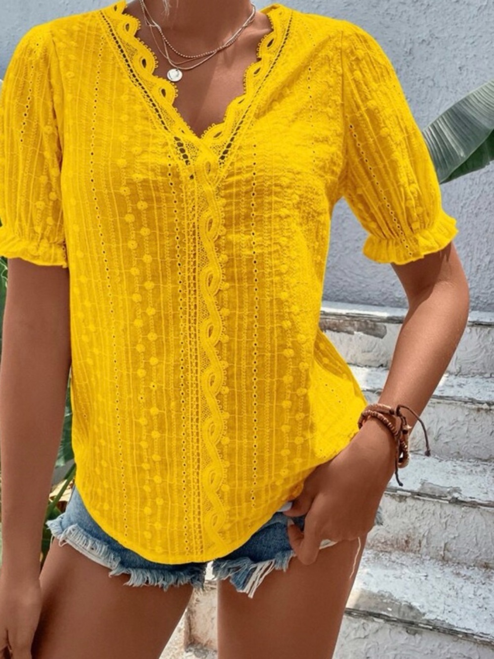 LIKE NEW SHEIN VCAY Eyelet Embroidery Contrast Lace Puff Sleeve Blouse - Sz Lg